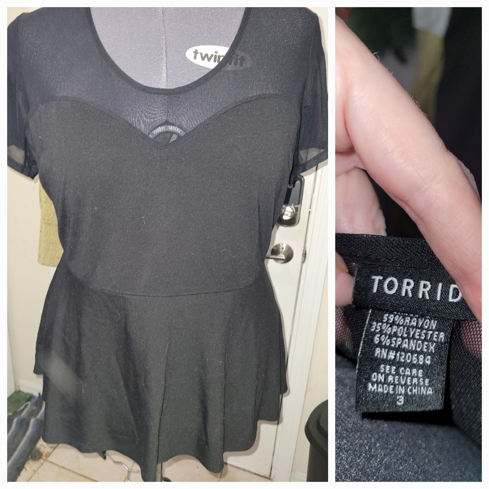 Torrid Black Peplum sheer illusion yoke babydoll top short sleeves in black 3X